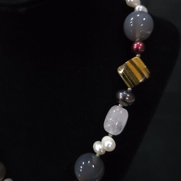 (4) Gemstone Agate Chunky Necklaces Set Statement Tigers Eye Pearls Rose Quartz - Picture 12 of 16